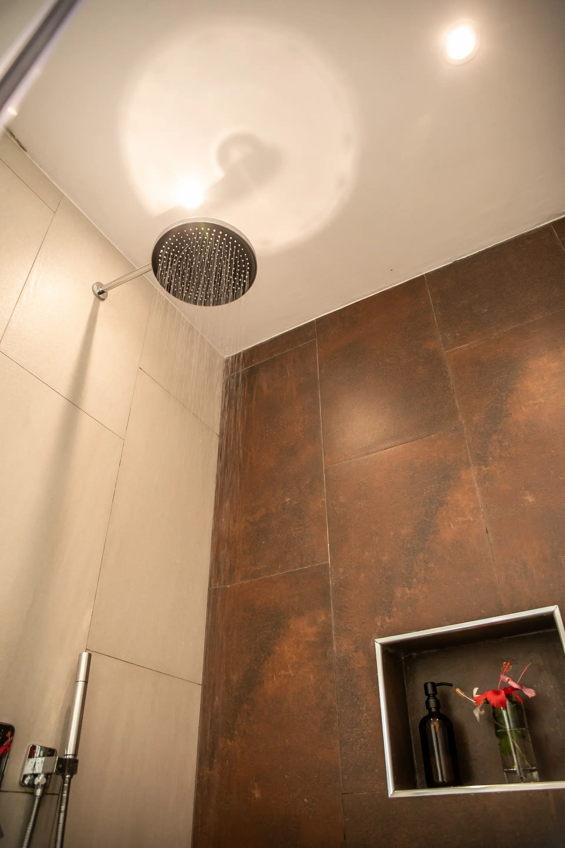 Rainfall showerhead with rust-toned feature tiles